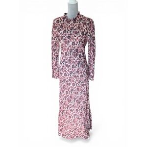 DOEN Ames Dress Women L Burgundy Floral Maxi Ruffle High Neck Organic Cotton